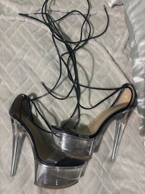 Miss Lola Clear Platform Heels with Black Lace-Up Trim